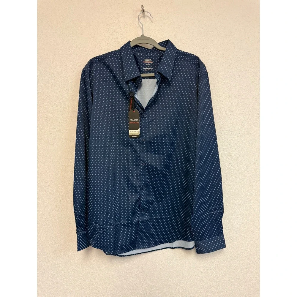 Mix&NY Performance Mens Slim Fit Active Stretch Wicking Shirt Navy Diamond L